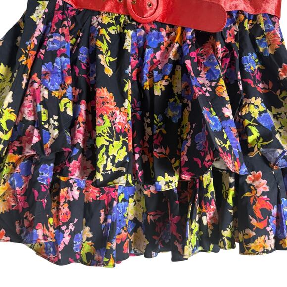Caroline Constas Reign Black Multi Floral Tiered Ruffle Belted Mini Skirt XL - Picture 7 of 10